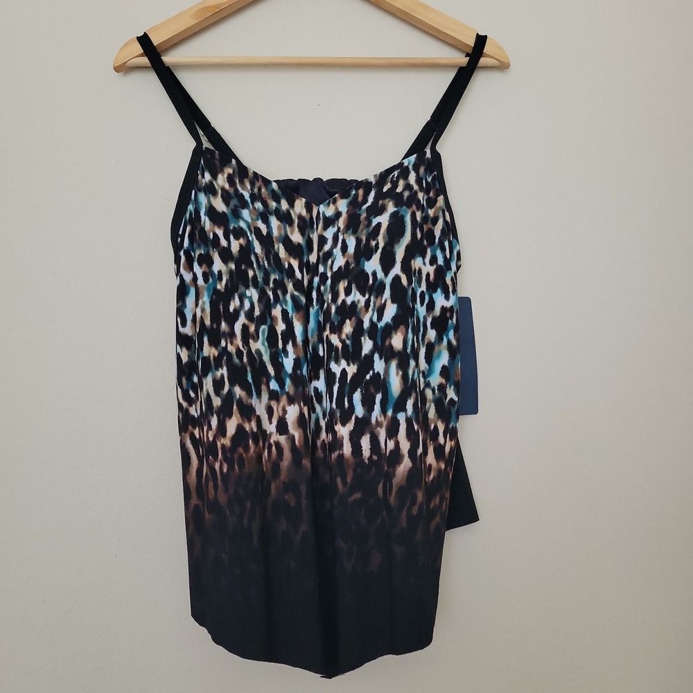 Trimshaper Tankini Swim Top Size 10 Animal Print Black Brown New TOP ONLY Flowy